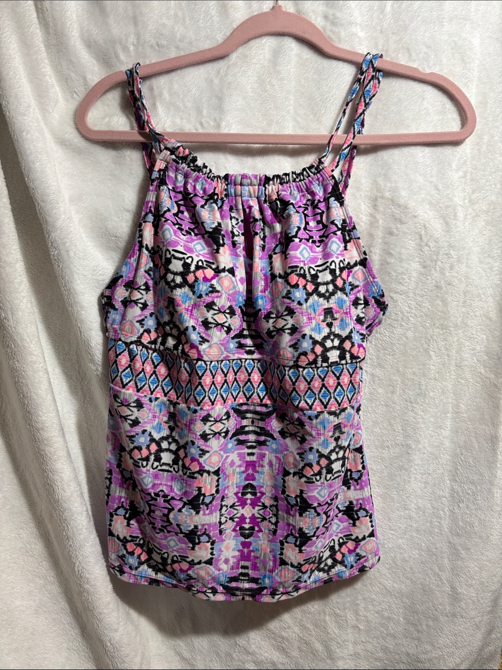 Sleeveless Pink & Black Printed Swim Top